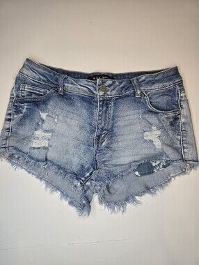 Wax Jean Women's Medium Distressed Denim Shorts Raw Hem Stretch Blue Jean Shorts